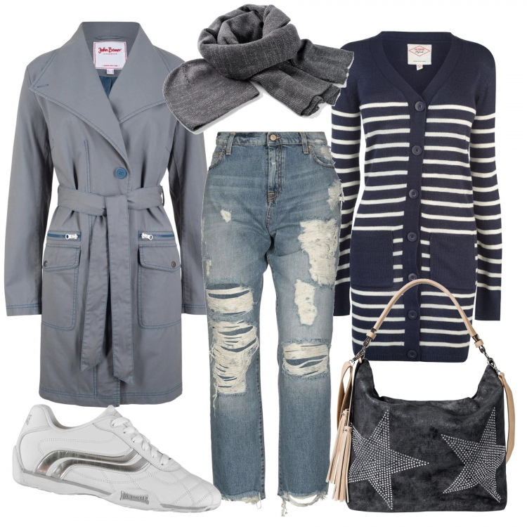 Outfit donna - Outfit dinamico & comodo. Stile Trendy per Tutti i giorni. Abbinamento con vestiti chemisier, bermuda, trench grigio, jeans effetto strappato delavé con zip in cotone tinta unita, cardigan, sneakers.