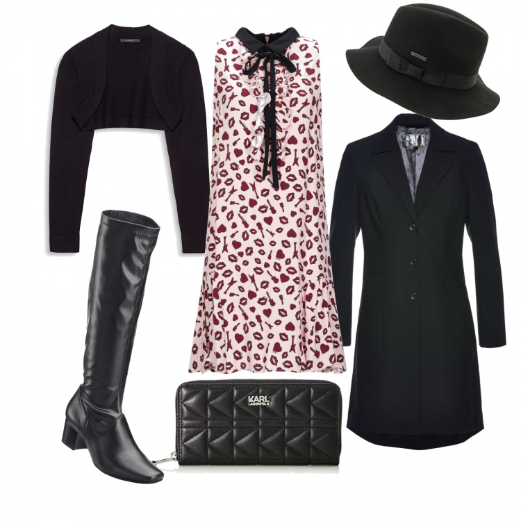 Outfit donna - Passeggiata in centro. Stile Bon Ton per Tutti i giorni. Abbinamento con stivali, spolverino con pieghe nero, vestiti corti, cardigans, cappello taglia unica nero, portafogli.