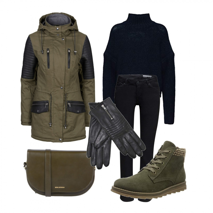 Outfit donna - Brrrrrr che freddo. Stile Urban per Tutti i giorni. Abbinamento con parka, borsa a tracolla mini con zip interno foderato tinta unita, guanti, stivaletti, pullover, jeans.