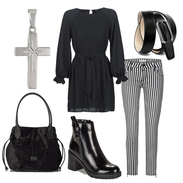 Outfit donna - Tutto scontato!. Stile Rock per Ufficio. Abbinamento con vestiti corti, collant, stivaletti, portafogli, cintura, ciondolo in sterling 925 argento.