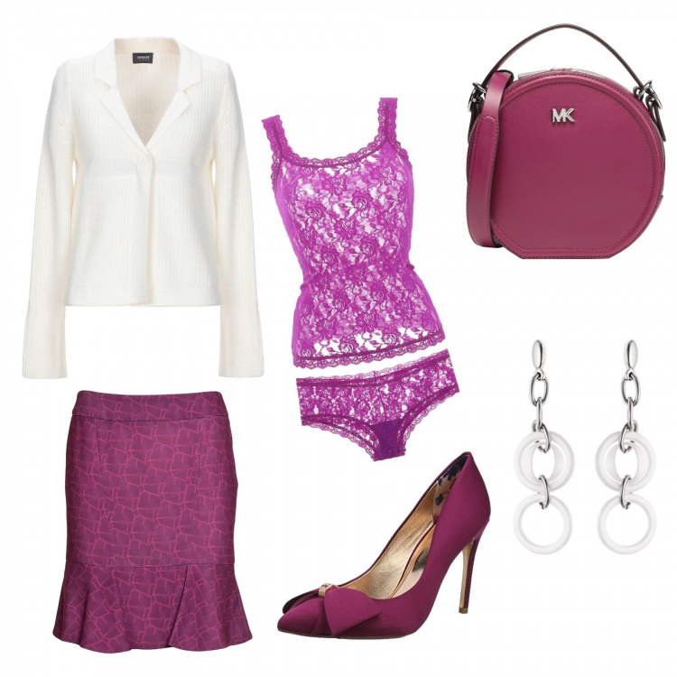 Outfit donna - Gennaio in sconto. Stile Trendy per Serata fuori. Abbinamento con borsa a mano, intimo coordinato con pizzo tinta unita, cardigans, gonna, scarpa col tacco, orecchini pendenti bianco.