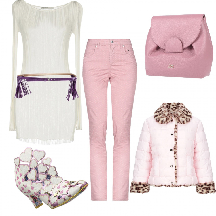 Outfit donna - Lo shopping a gennaio. Stile Trendy per Tutti i giorni. Abbinamento con ecopelliccia, pullovers, pantalone a sigaretta fantasia con zip e bottoni, borsa, cinture, scarpe bianco e nero.