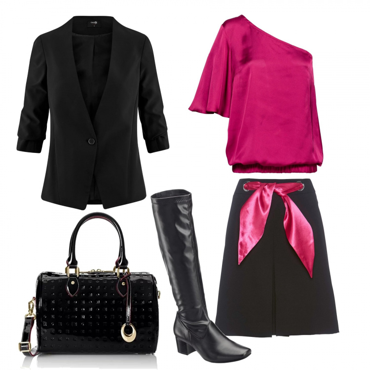 Outfit donna - 2020 in fuxia. Stile Chic per Serata fuori. Abbinamento con stivali, vestiti, gonne, blazer aderente nero, borsa a tracolla con zip e tasca interna nero.