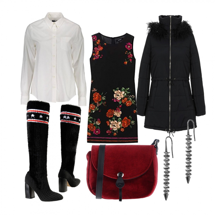 Outfit donna - Primi saldi 2020. Stile Trendy per Ufficio. Abbinamento con stivali lavorato a maglia, piumino, orecchini in placcato rodio, borse a spalla, vestiti, camicia.