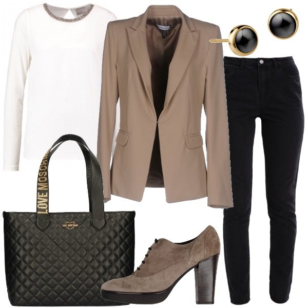Outfit donna - Blazer e jeans. Stile Basic per Ufficio. Abbinamento con orecchini a perno.