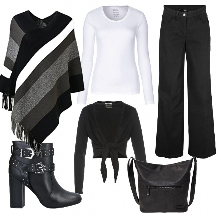 Outfit donna - Basic. Stile Basic per Tutti i giorni. Abbinamento con borse a tracolla, pantaloni, maglieria, stivaletti, poncio lavorato a maglia, maglia a maniche lunghe bianco.