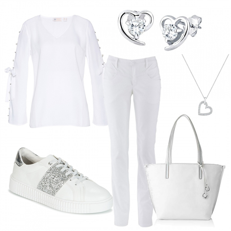 Outfit donna - Total white. Stile Basic per Tutti i giorni. Abbinamento con pantaloni, tunica con perle bianco, scarpe bianco, borsa a spalla, collana, orecchini.