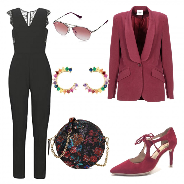 Outfit mujer - Ceremonias. Estilo Chic para Ceremonia. Combinación con jumpsuit nero, gafas de sol rosa, zapatos de tacón, giacca, borsa a tracolla mini fantasia floreale, pendientes con strass oro.