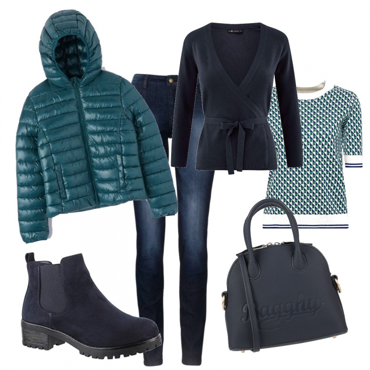Outfit donna - Girellando in città. Stile Basic per Tutti i giorni. Abbinamento con jeans skinny, borsa a mano, cappotti, cardigans, felpa bianco, stivaletti chelsea navy.