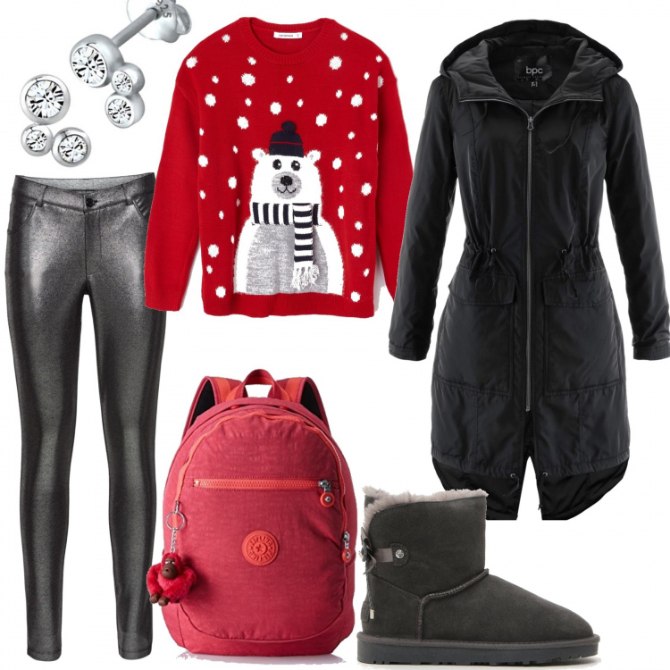Outfit donna - Pullover simpatico. Stile Trendy per Scuola/Università. Abbinamento con blazer, pantaloni, maglione rosso, stivaletti, zaino rosa, orecchini.