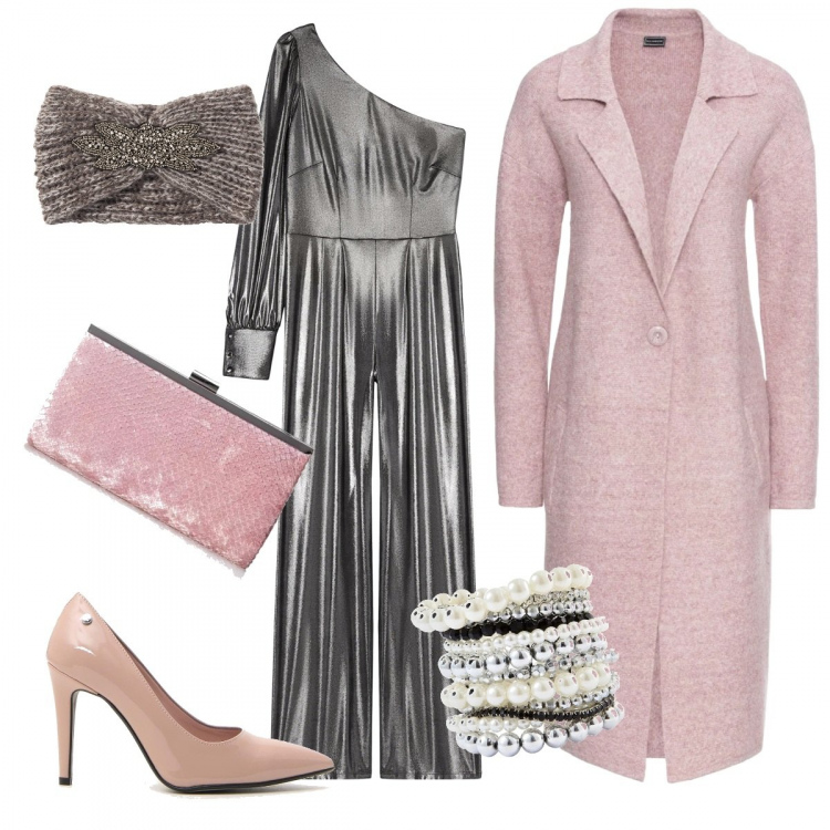 Outfit donna - Accolgo il nuovo anno brillantemente. Stile Trendy per Serata fuori. Abbinamento con cappotti, braccialetti, cappelli, tute, décolleté, pochette.