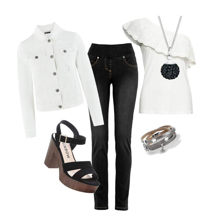 Outfit donna - Liberty. Stile Trendy per Tutti i giorni. look ideale per Tall. Abbinamento con jeans, cardigans, bracciale, sandali col tacco, blazer, ciondolo.