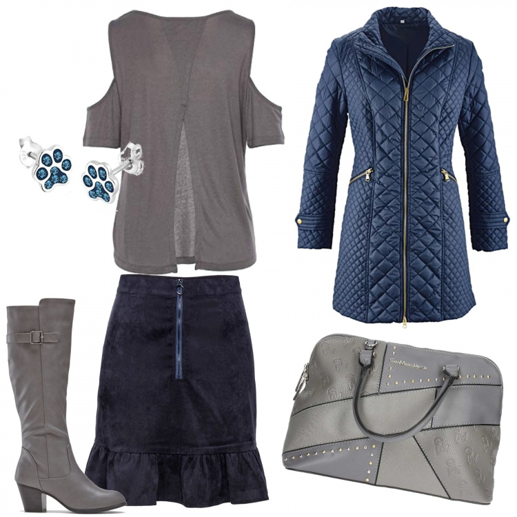 Outfit donna - Molte più gonne nel 2020. Stile Urban per Ufficio. Abbinamento con blazer, gonne, stivali, borsetta grigio, t-shirt, orecchini.