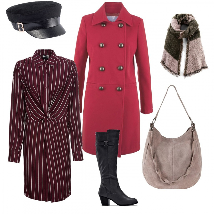 Outfit donna - Bon Prix moment. Stile Basic per Tutti i giorni. Abbinamento con stivali, borse a mano, vestito, cappotti, sciarpa verde, berretti.