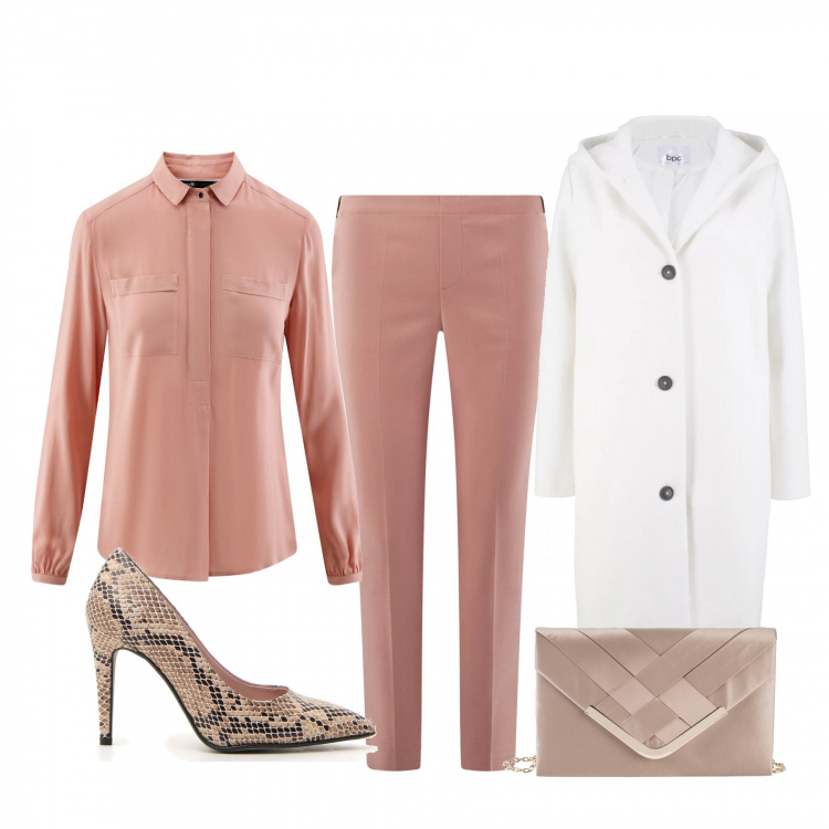Outfit donna - Anno nuovo look chic. Stile Chic per Serata fuori. Abbinamento con gonne, cappotto, pantaloni chino, camicetta con tasche rosa, décolleté.