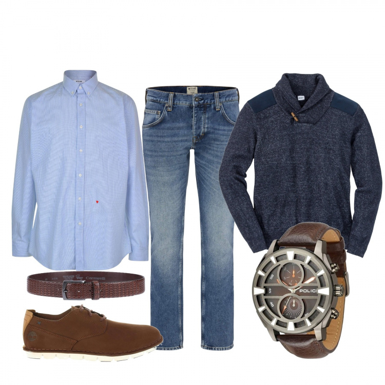 Outfit uomo - Rientro a lavoro dopo le feste. Stile Casual per Ufficio. Abbinamento con maglieria, cinture, scarpa sportiva, camicie, orologio, jeans.