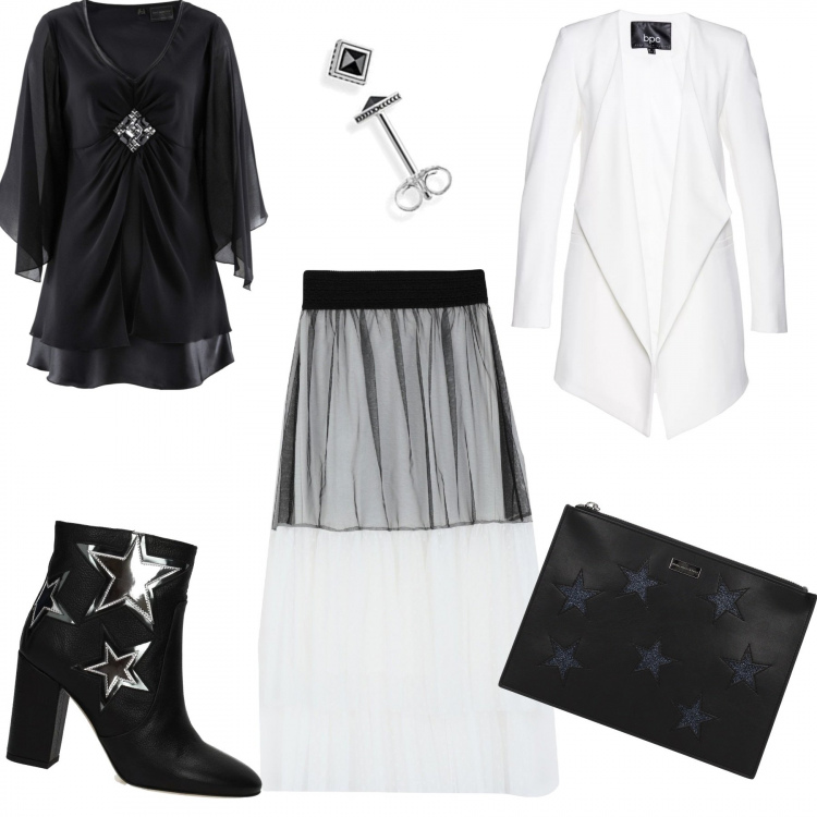 Outfit donna - Per chi non osava osare. Stile Trendy per Cerimonia. Abbinamento con tuniche, vestiti, gonna longuette, stivaletti, pochette, orecchini.