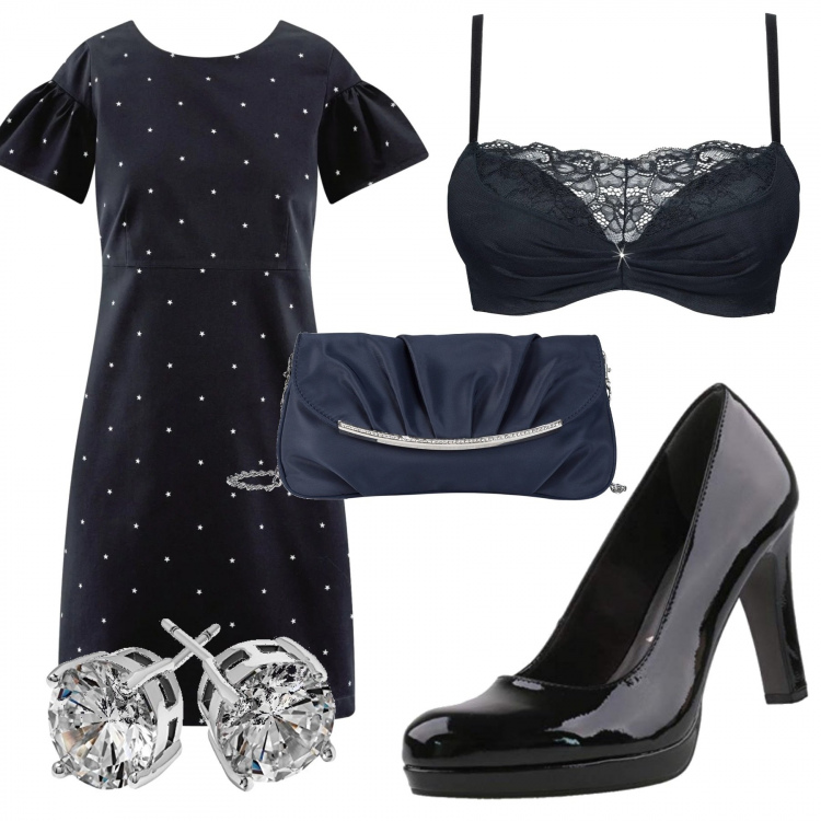 Outfit donna - Serata preziosa. Stile Bon Ton per Serata fuori. Abbinamento con reggiseni push-up, pochette, vestito aderente blu, scarpa col tacco, orecchini.