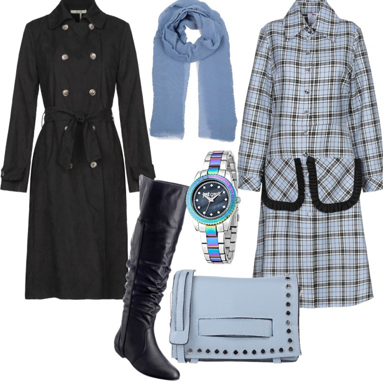 Outfit donna - Insieme pratico ed elegante. Stile Urban per Ufficio. Abbinamento con stivali sopra il ginocchio, vestito fantasia con ruches collo classico a maniche lunghe interno sfoderato con tasche, cappotto, borse a mano, stola con arricciature e frange jersey, orologio analogico con cinturino in acciaio inox multicolore.