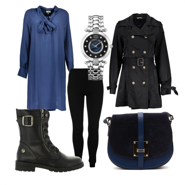 Outfit donna - Blu e nero con i saldi. Stile Rock per Tutti i giorni. Abbinamento con stivali con lacci in pelle sintetica nero, vestito corto con fiocco e scollo a maniche lunghe con polsini blu, trench, borse, collant, orologio.