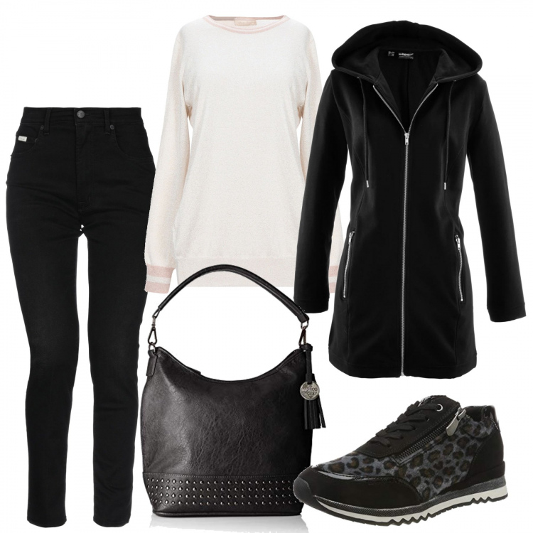 Outfit donna - A tutto comfort. Stile Basic per Tutti i giorni. Abbinamento con felpe sportive, pullover, jeans, scarpa sportiva, borse a mano.
