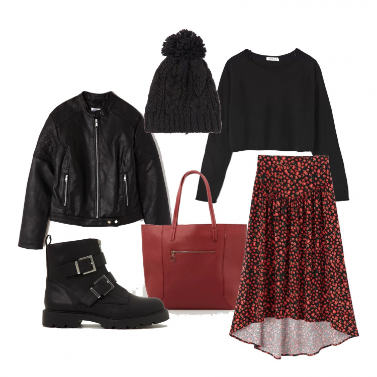 Outfit donna - Rosso e nero low cost. Stile Trendy per Scuola/Università. Abbinamento con gonna, pullovers, stivaletti con fibbia in ecopelle tinta unita nero, shopping bag con manico in ecopelle rosso, giubbino con zip in ecopelle tinta unita nero, berretto a trecce nero.