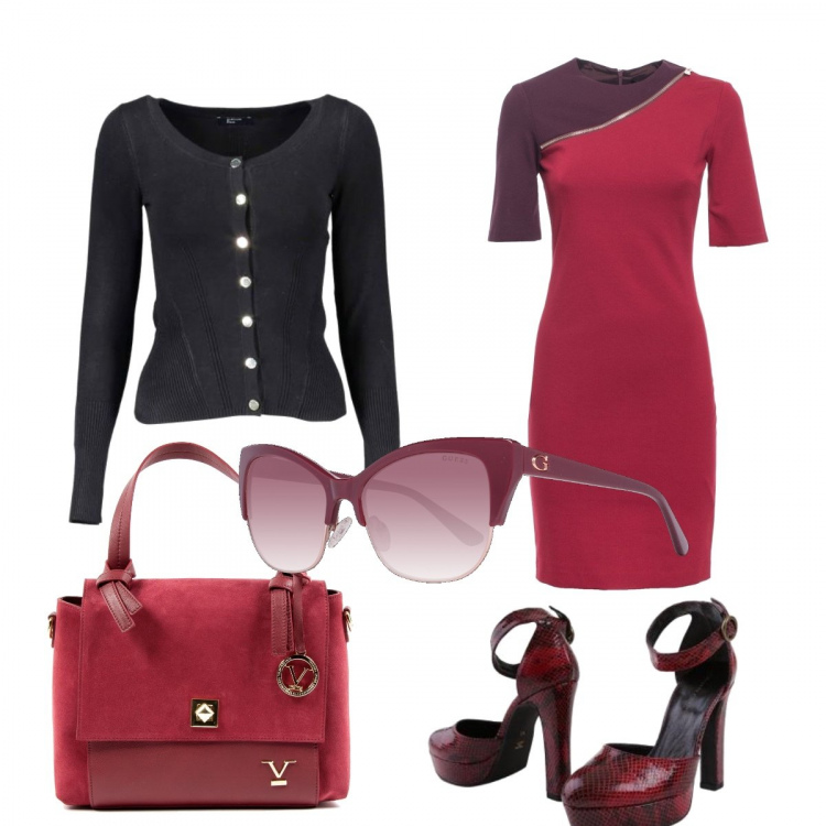 Outfit donna - Rosso scontato. Stile Bon Ton per Ufficio. Abbinamento con vestito rosso e bordeaux e bianco, scarpe fantasia con fibbia rosso, cardigan, occhiali da sole, borsa a mano in pelle rosso.