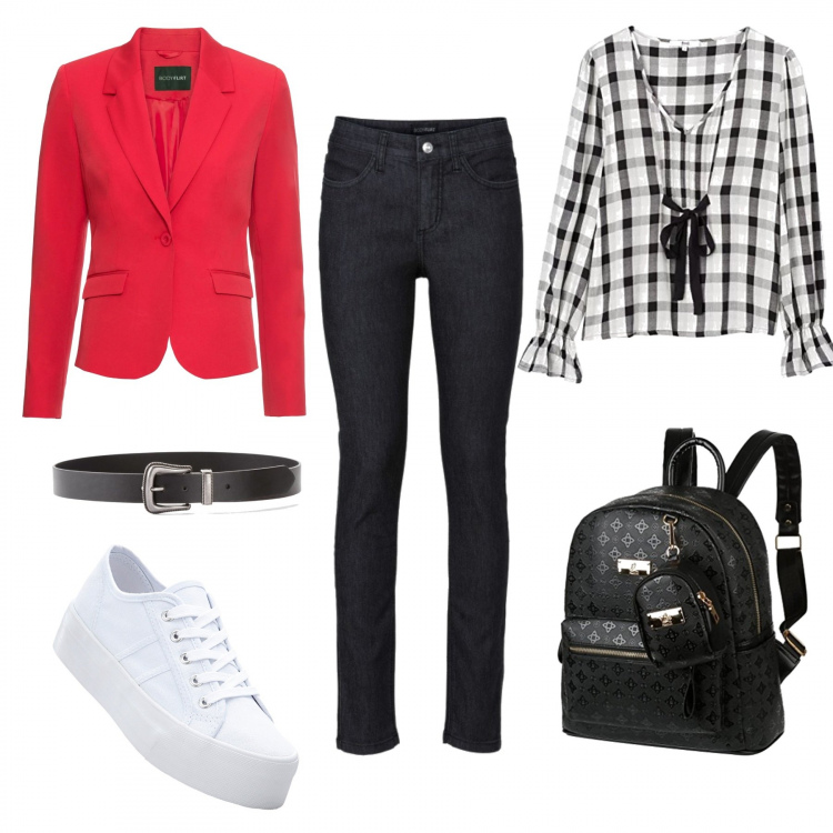 Outfit donna - All\'università con stile!. Stile Trendy per Scuola/Università. Abbinamento con sneakers, vestiti, blazer, jeans skinny, zaino, bluse.