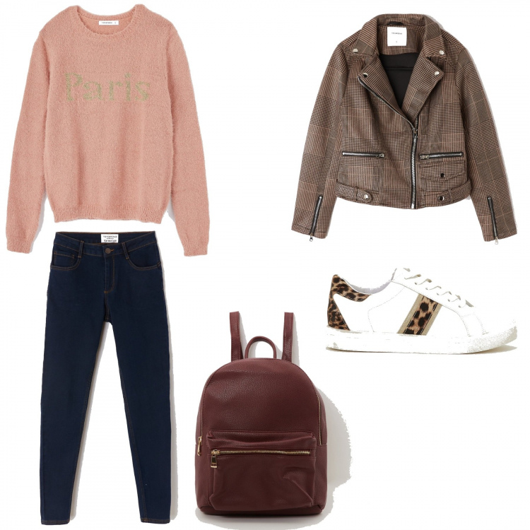 Outfit donna - Terranova style. Stile Trendy per Tutti i giorni. Abbinamento con sneakers animalier in ecopelle bianco, maglione rosa, giubbino fantasia beige, zaino con manico effetto martellato con zip in ecopelle tinta unita bordeaux, pantalone skinny.