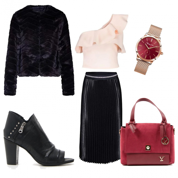 Outfit donna - Bon Ton #212. Stile Bon Ton per Serata fuori. Abbinamento con ecopelliccia, gonna, sandali, borsa a mano in pelle rosso, top, orologi analogici.