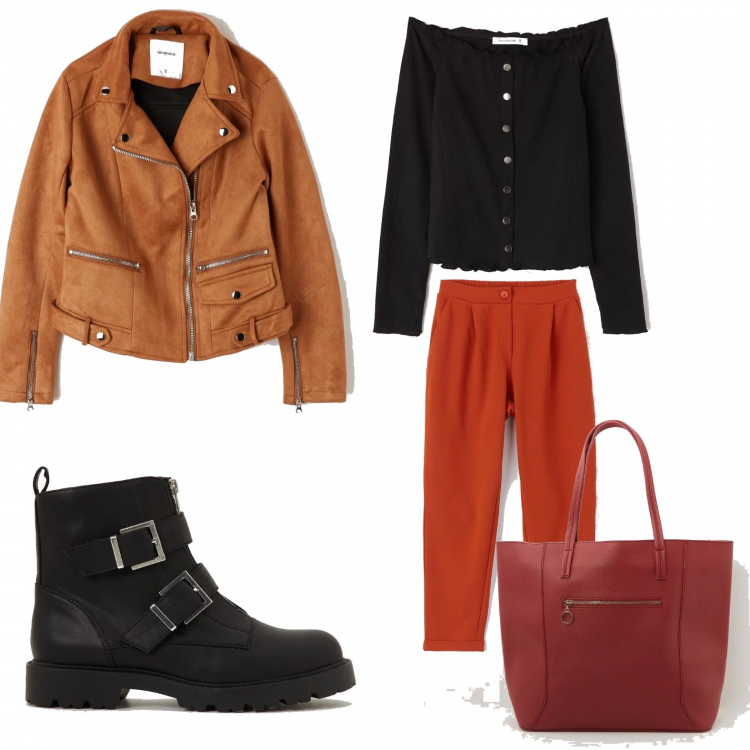 Outfit donna - Urban #282. Stile Urban per Tutti i giorni. Abbinamento con t-shirt con spalle scoperte a maniche lunghe con bottoni nero, shopping bag con manico in ecopelle rosso, stivaletti con fibbia in ecopelle tinta unita nero, pantaloni.