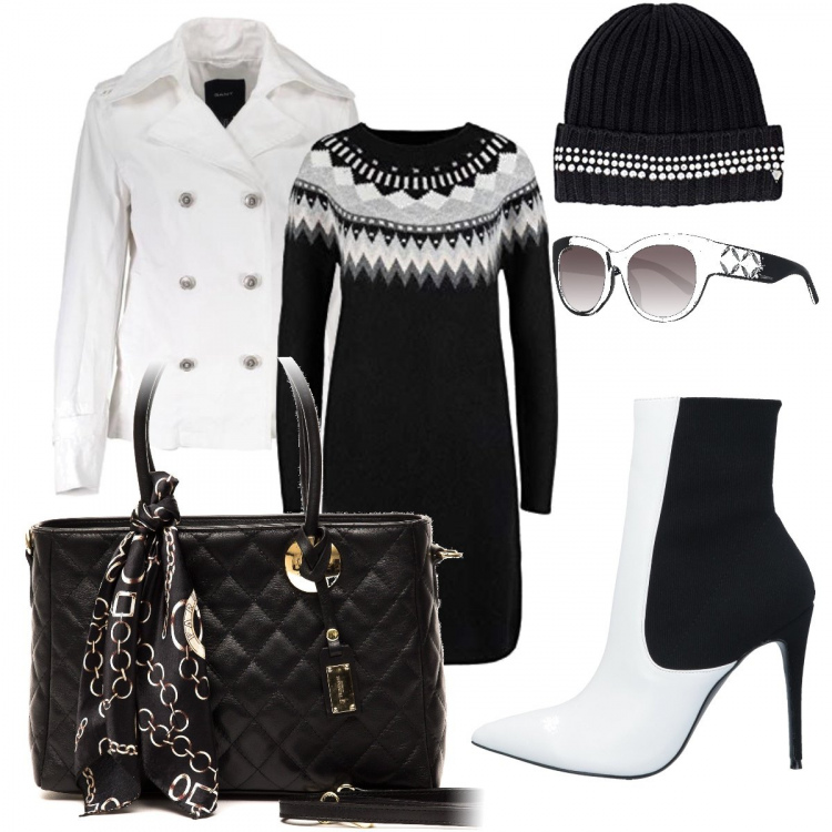 Outfit donna - Casual chic. Stile Urban per Tutti i giorni. Abbinamento con stivaletti fantasia a punta, vestito, borsa, occhiali da sole, cappello, giacca sportiva.