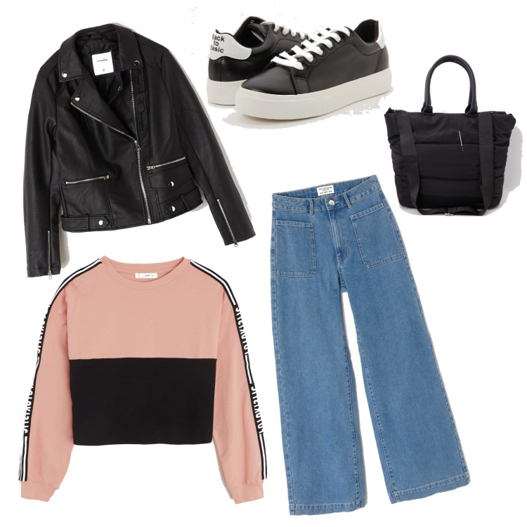 Outfit donna - Terranova for teenager!. Stile Basic per Scuola/Università. Abbinamento con pantalone wide leg in denim con tasche blu, t-shirt fantasia a maniche lunghe crop rosa, giubbino in ecopelle tinta unita nero, shopping bag con zip tinta unita nero, sneakers sport in ecopelle tinta unita nero.