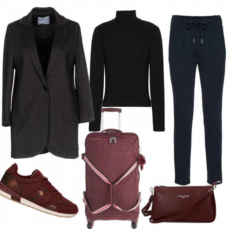 Outfit donna - In aeroporto, destinazione caldo. Stile Urban per Tutti i giorni. Abbinamento con pantaloni, borsa da viaggio con manico e zip interno foderato in tessuto tecnico tinta unita, giacca a quadri collo con revers a maniche 3/4 interno sfoderato elasticizzato, t-shirt, borsa a tracolla con logo frontale viola, sneakers.