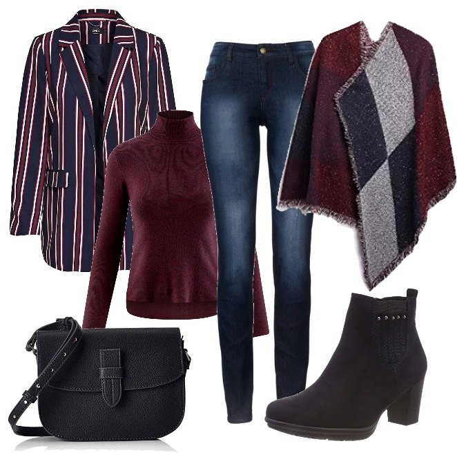 Outfit donna - Fantasia di righe e quadri. Stile Trendy per Serata fuori. Abbinamento con jeans skinny, blazer, sciarpa, maglioni, stivaletti, borse a tracolla.