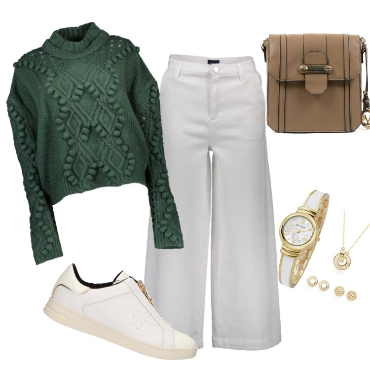 Outfit donna - In giro per mercatini. Stile Urban per Tutti i giorni. Abbinamento con pantaloni, maglioni, scarpa sportiva, borse a mano, orologio.