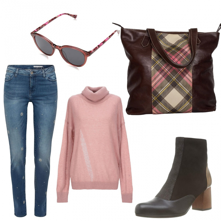 Outfit donna - Vivienne Westwood english style. Stile Urban per Tutti i giorni. Abbinamento con pullovers, jeans skinny, stivaletti nero, shopping bag con cinturino multicolore, occhiali da sole.