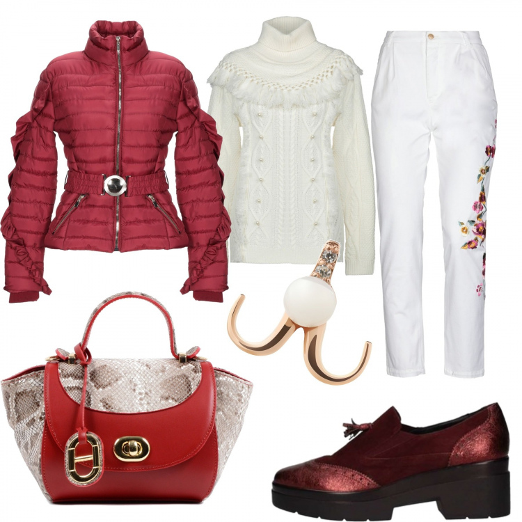 Outfit donna - La borsa in saldo. Stile Trendy per Ufficio. Abbinamento con piumini, pantalone chino, maglioncino senza tasche lavorato a maglia collo a dolcevita a maniche lunghe taglia media con nappine, orecchini, mocassini, borsa.