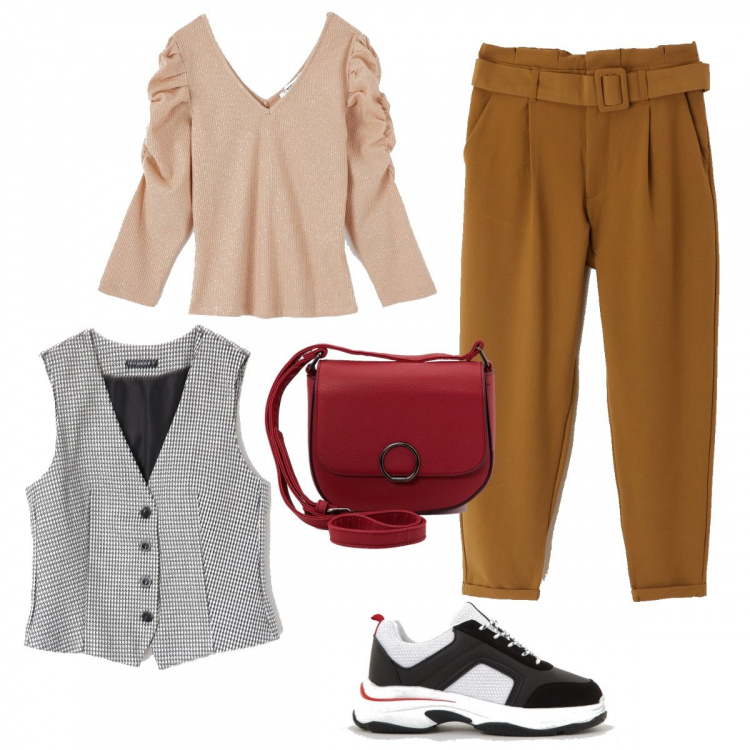 Outfit donna - Stile con Terranova. Stile Trendy per Tutti i giorni. Abbinamento con borsa a tracolla effetto martellato in ecopelle tinta unita rosso, pantalone paper bag con fibbia tinta unita kaki, t-shirt con scollo rosa, scarpe in ecopelle nero, gilet bianco.