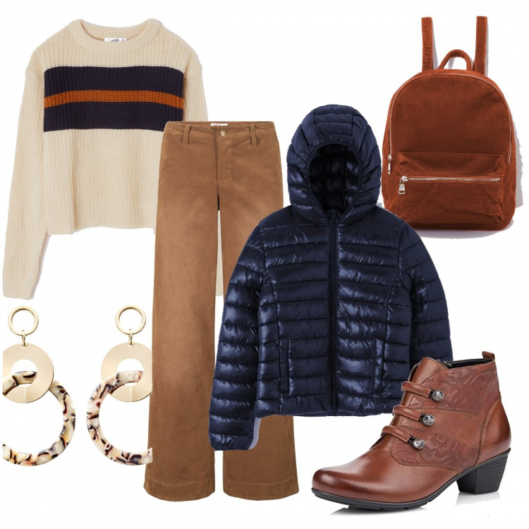 Outfit donna - Vintage. Stile Trendy per Scuola/Università. Abbinamento con pantaloni, orecchini, maglia a righe avorio, zaino con manico a coste con zip in velluto tinta unita beige, cappotti, stivaletti marrone.