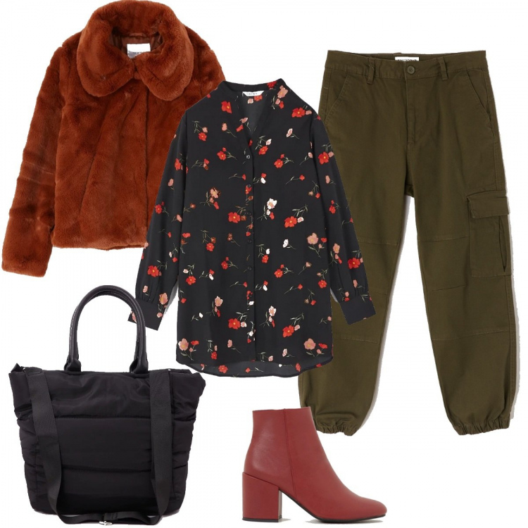 Outfit donna - Trendy style con Terranova. Stile Trendy per Tutti i giorni. Abbinamento con shopping bag con zip tinta unita nero, pantalone cargo stile militare tinta unita verde, camicie, stivaletti con tacco largo rosso, ecopelliccia collo classico tinta unita.