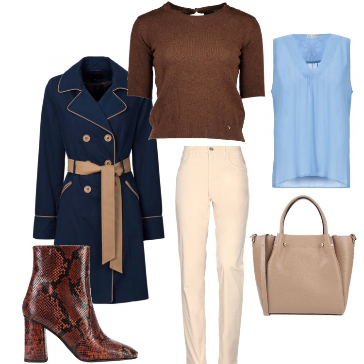 Outfit donna - Al lavoro con charme. Stile Urban per Ufficio. Abbinamento con trench, stivaletti, pantalone lungo, borse a mano, top, maglioni.