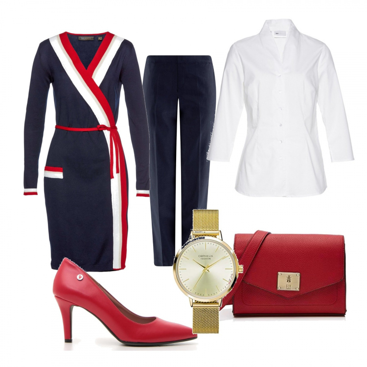 Outfit donna - W la France. Stile Trendy per Ufficio. Abbinamento con camicie, vestiti, pantalone lungo, décolleté, borsa a tracolla con zip rosso, orologio analogico con cinturino in acciaio inox oro.