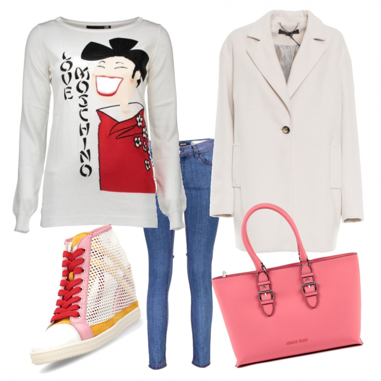 Outfit donna - Saldi Pricy da non perdere. Stile Trendy per Tutti i giorni. Abbinamento con cappotti, pullovers, borsa con zip e tasca interna rosa, jeans, sneakers.