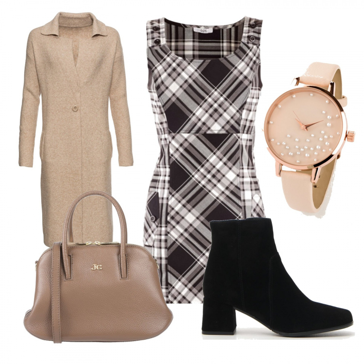 Outfit donna - New check. per Tutti i giorni. Abbinamento con borsa a mano in pelle martellata taglia media con zip interno foderato tinta unita, vestiti, vestiti, cappotti, stivaletti.