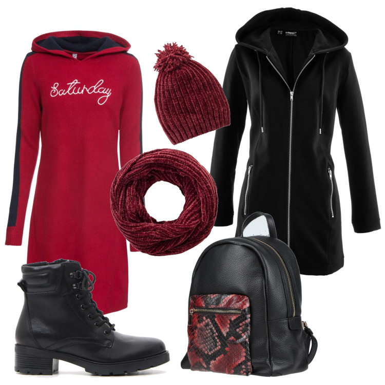 Outfit donna - Saturday. Stile Trendy per Scuola/Università. Abbinamento con felpe sportive, vestito con cappuccio in in maglia rosso, berretto, borsa, stivaletti.