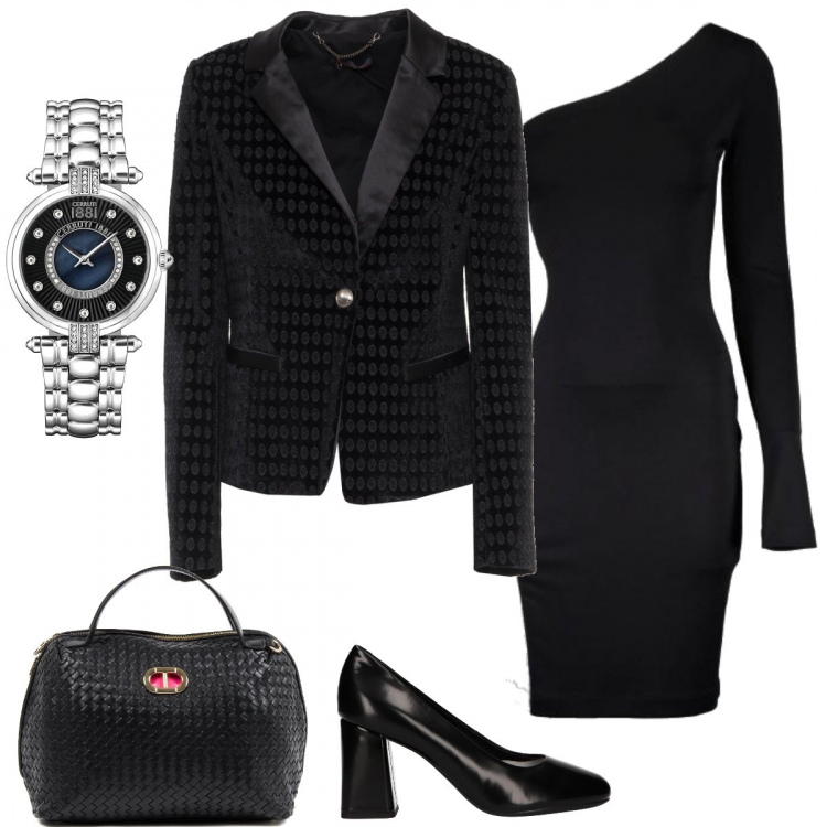 Outfit donna - Pricy manager. Stile Chic per Ufficio. Abbinamento con giubbotto nero, scarpe col tacco, vestiti corti, borsa a mano in pelle nero, orologio.