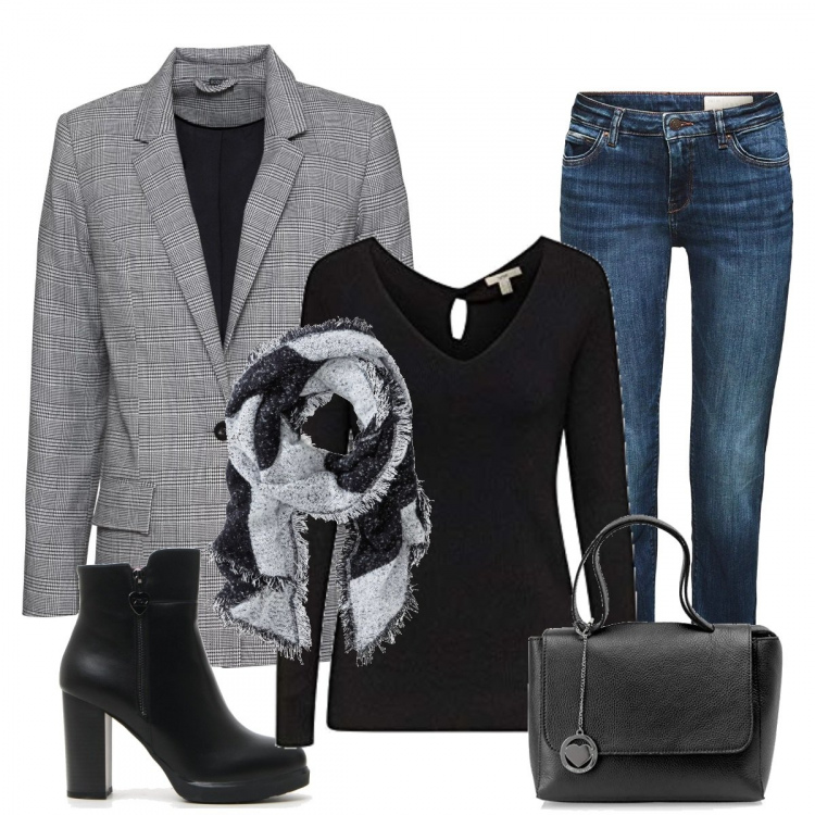Outfit donna - Aperitivo dopo lavoro. Stile Trendy per Tutti i giorni. Abbinamento con sciarpe, blazer, felpa, stivaletti, jeans, borse a mano.