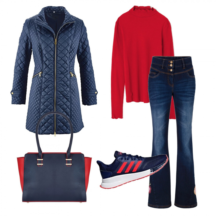 Outfit donna - Rientro al lavoro. Stile Basic per Ufficio. Abbinamento con blazer, jeans a zampa, borsa a mano, t-shirt a coste con scollo a maniche lunghe tinta unita rosso, sneakers.