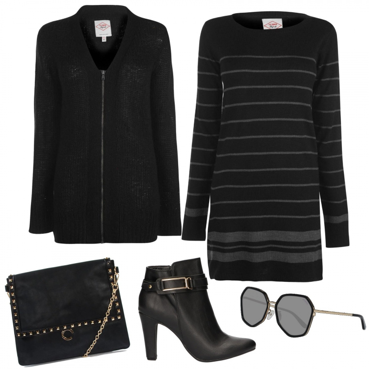 Outfit donna - I saldi su Pricy. Stile Basic per Ufficio. Abbinamento con maglia, cardigans, stivaletti in pelle sintetica nero, occhiali da sole nero, borsa.